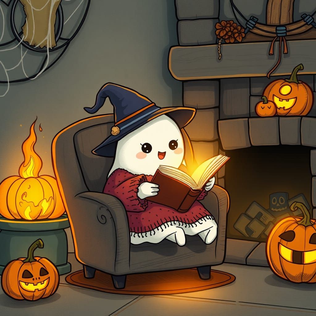 Chibi Ghost Reads by Fireplace in Cozy Halloween Scene