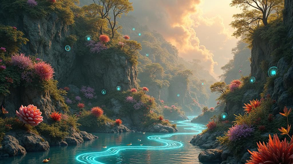 Interconnected Species with Futuristic AI Symbols