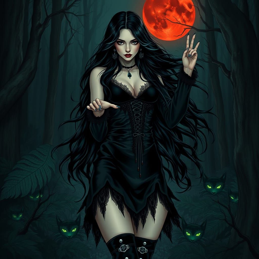 Goth Enchantress Stands in Dark Forest, Ready to Cast Spell