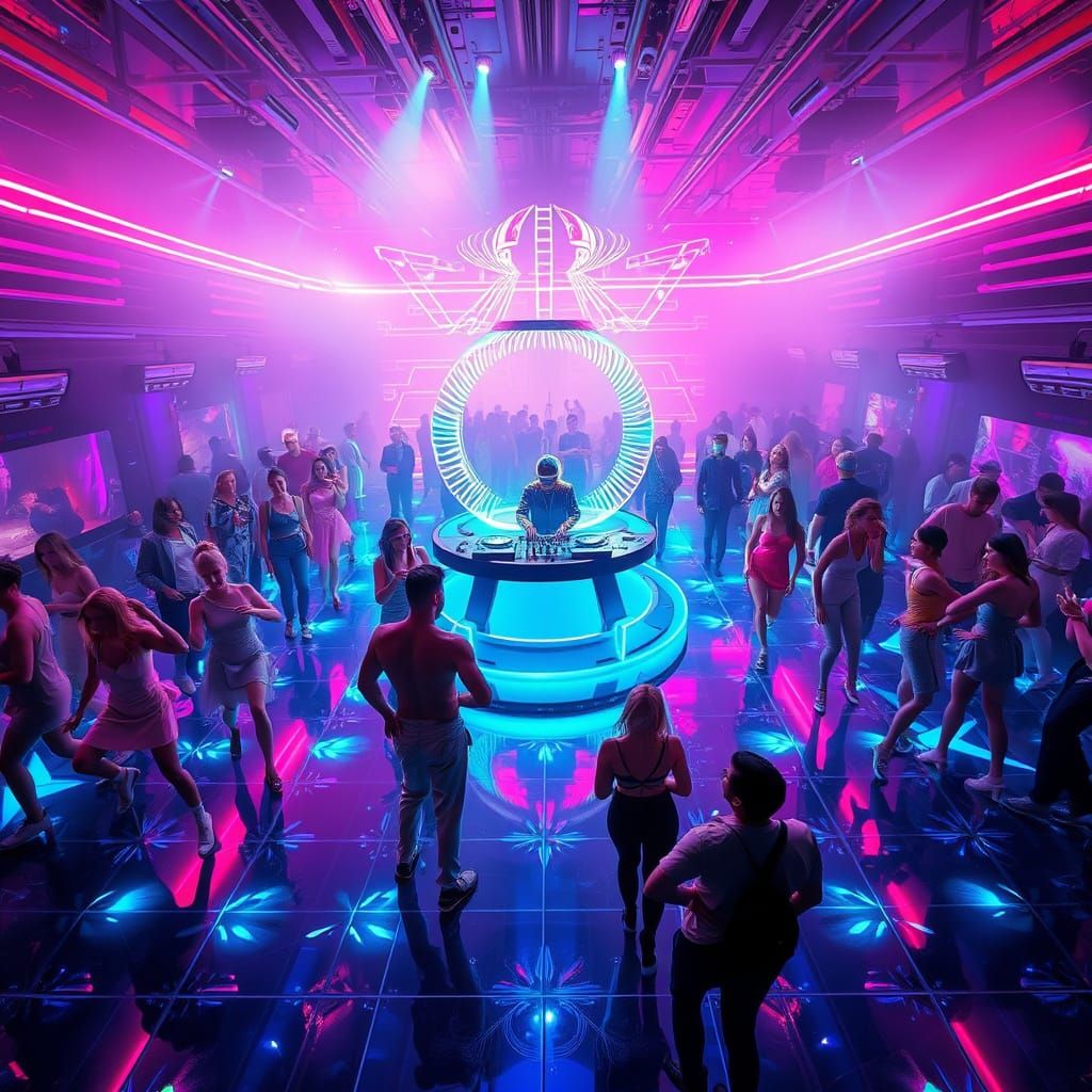 Ethereal Dance Floor Scene in Neon Metropolis