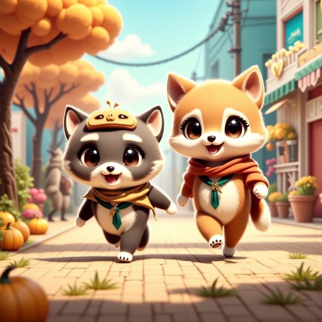 Chibi Cat and Dog Stroll Together in Vibrant Anime Style
