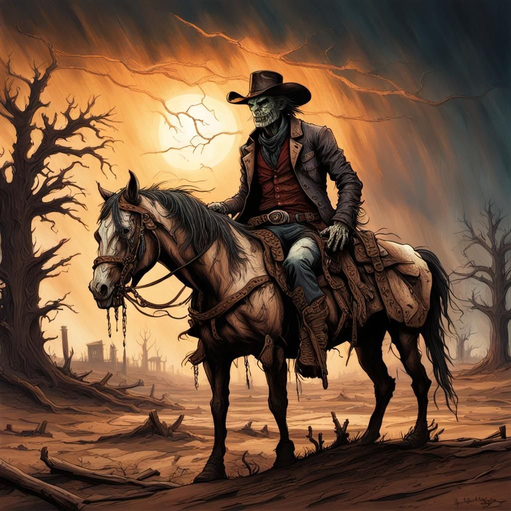 Undead Cowboy on Decaying Horse in Pyrography Art
