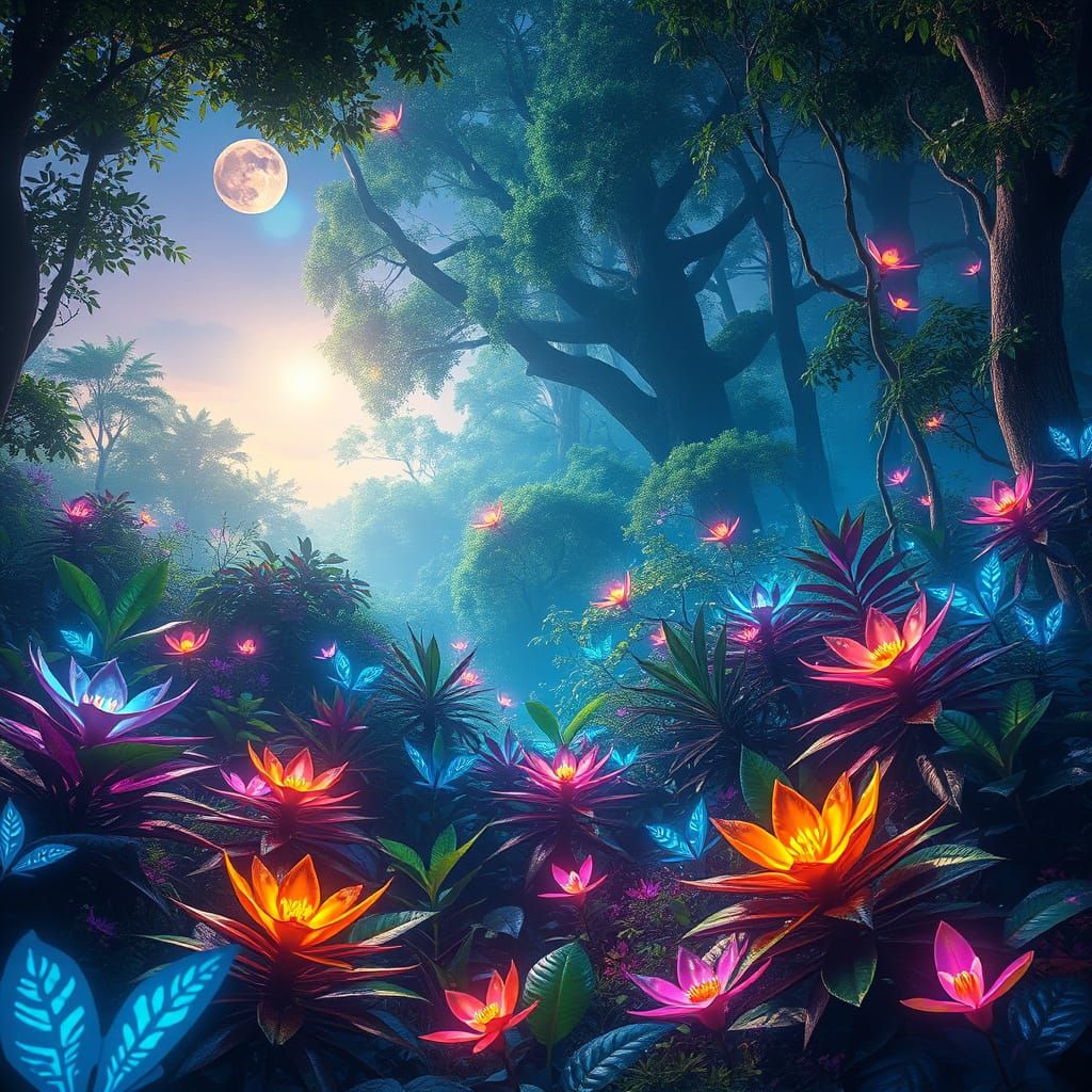 Mystical Forest Radiates Ethereal Glow in Vibrant Neon Color...