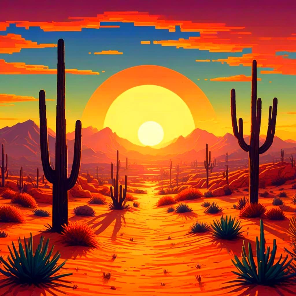 Pixel Art Sunrise Over Desert Dunes