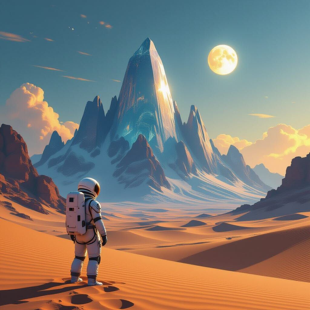 Astronaut Gazes at Crystalline Mountains on Alien Planet