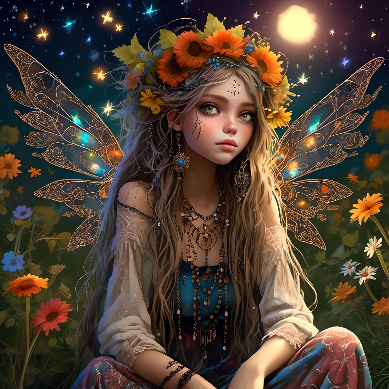 Whimsical Boho Hippie Girl Gazing at Stars