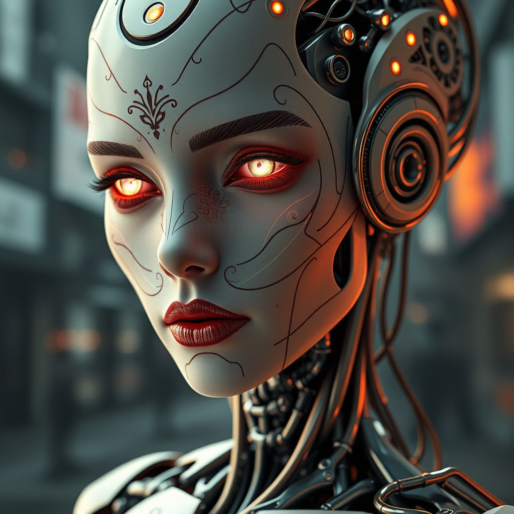 Android with Catrina Patterns in Dystopian Cityscape
