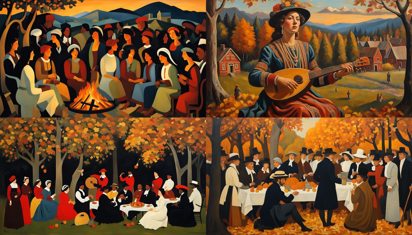 Autumn Bonfire Party in Neoclassical Oil Painting