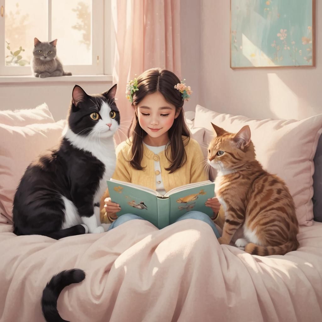 Girl Reading to Cats: Whimsical Digital Art