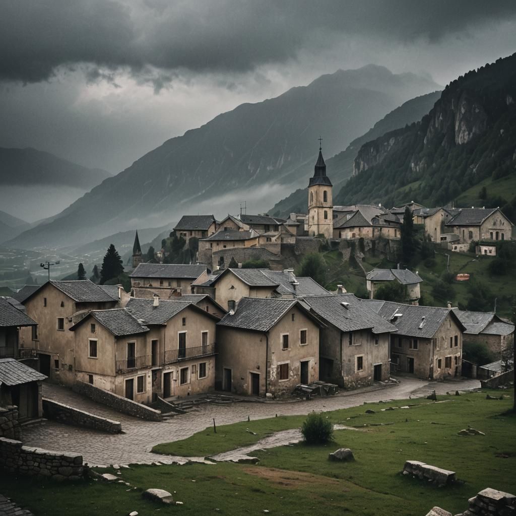 Ominous Village in Stormy Weather, Oil Painting
