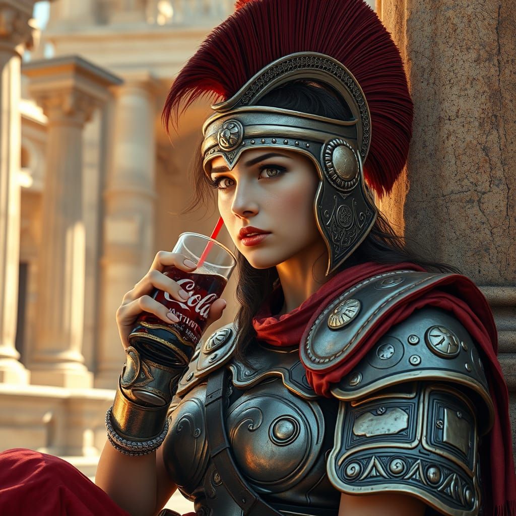 Elegant Gladiator Sips Refreshing Coke Amidst Ancient Ruins