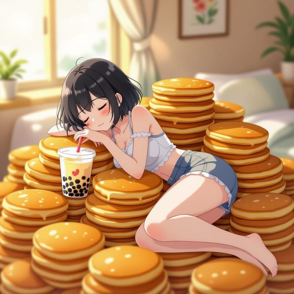 Anime Woman Sleeping on Pancakes: Ghibli Style
