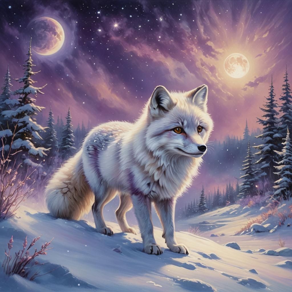 Arctic Fox Oil Painting with Aurora Borealis