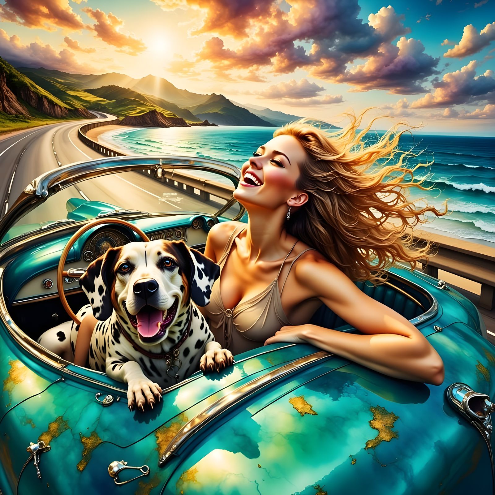 Laughing Woman Drives Convertible Along Coastal Road with Da...