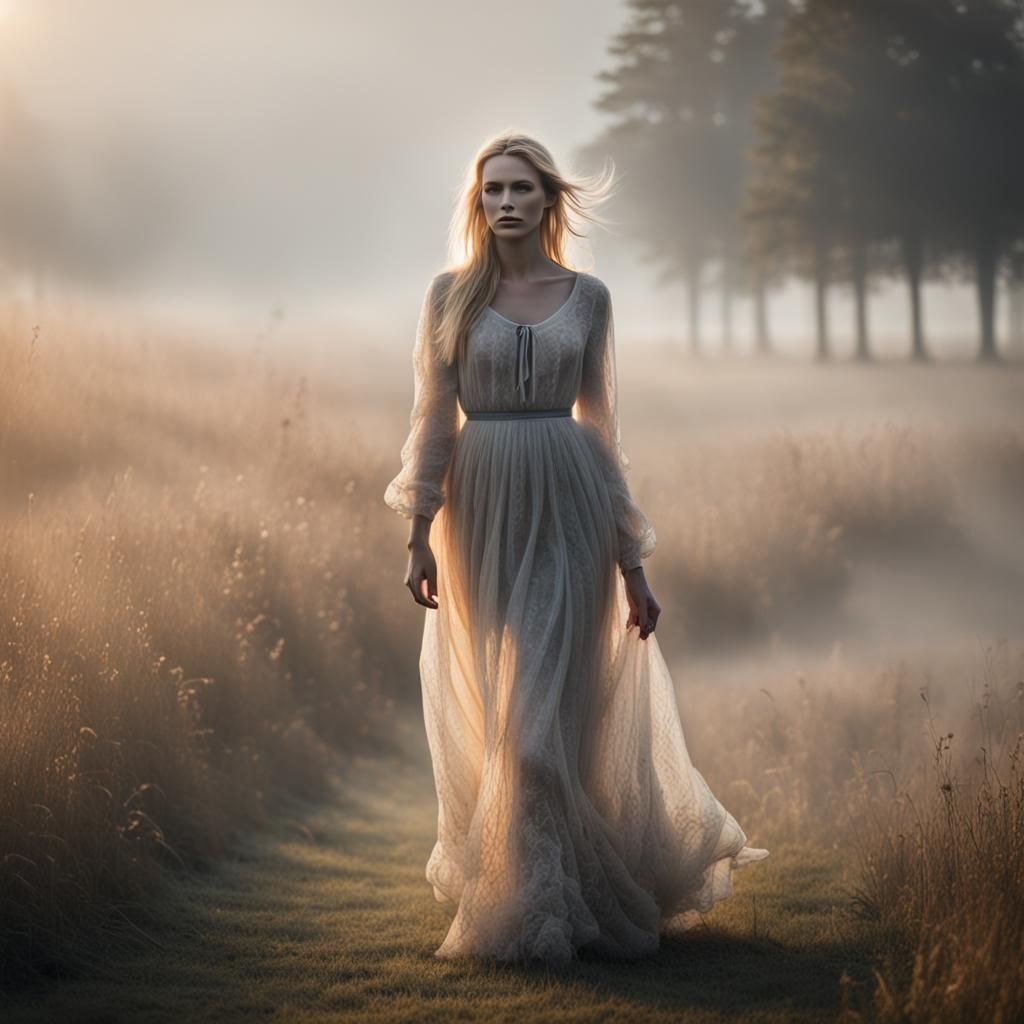 Blonde Girl in Foggy Field: Hyperrealistic Morning Scene