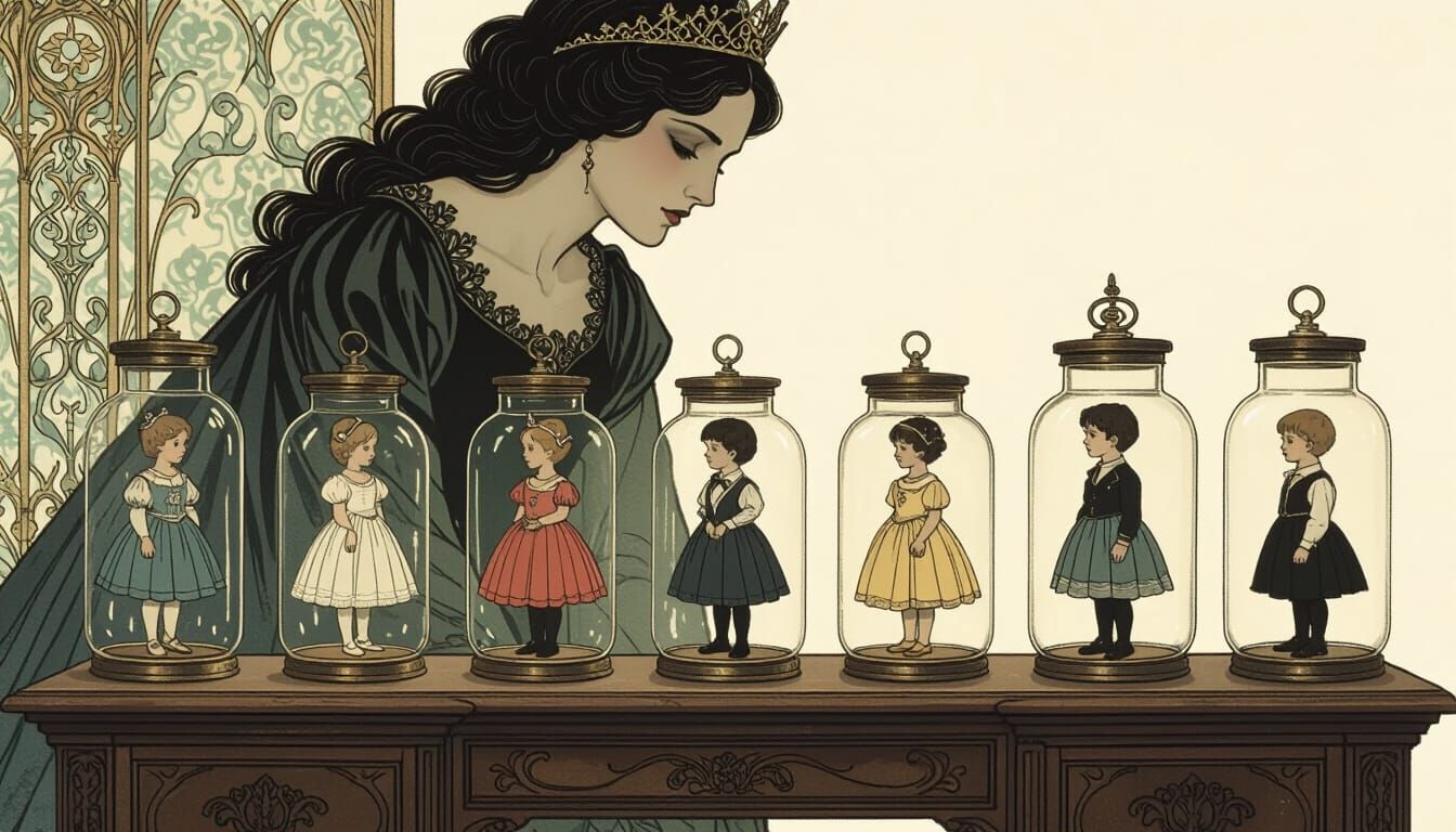 Gothic Art Nouveau Scene: Woman Overlooking Princess-Clad Bo...