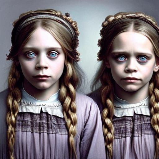 Creepy Twins in Victorian Portrait as Oil Painting