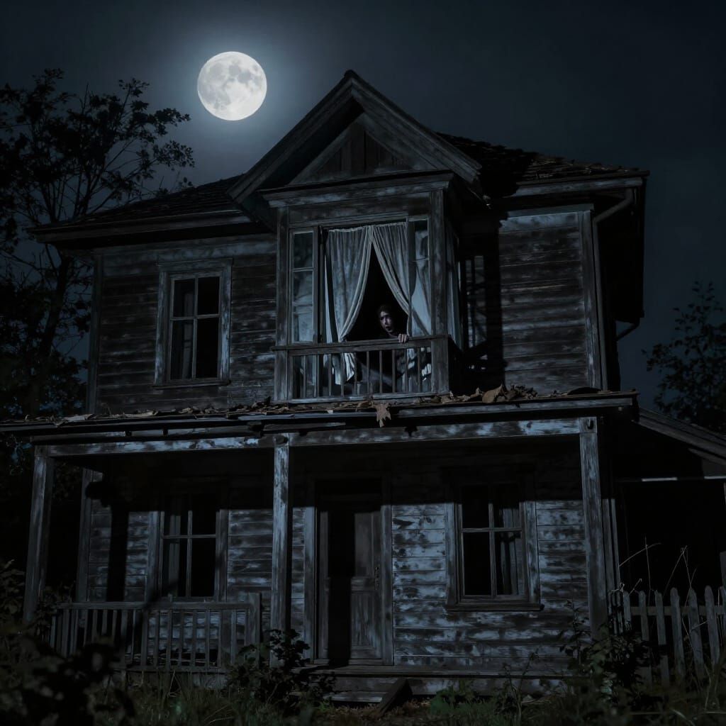 Eerie Moonlight House with Shadowy Figure in Window