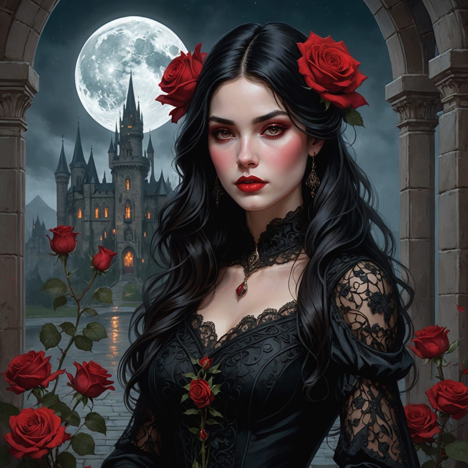 Gothic Lady with Red Rose and Castle, Hyperdetailed Art