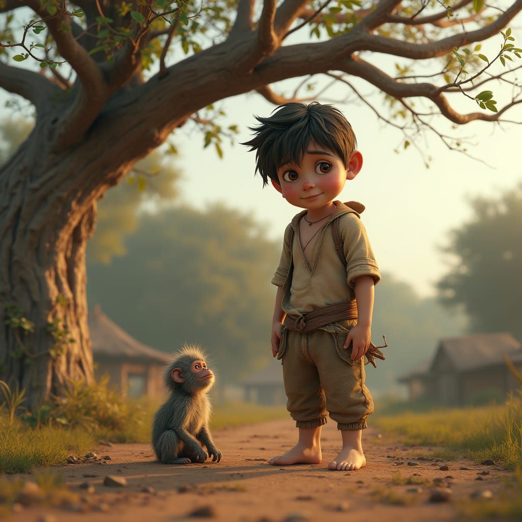 Sad Boy Under Barren Mango Tree in 3D