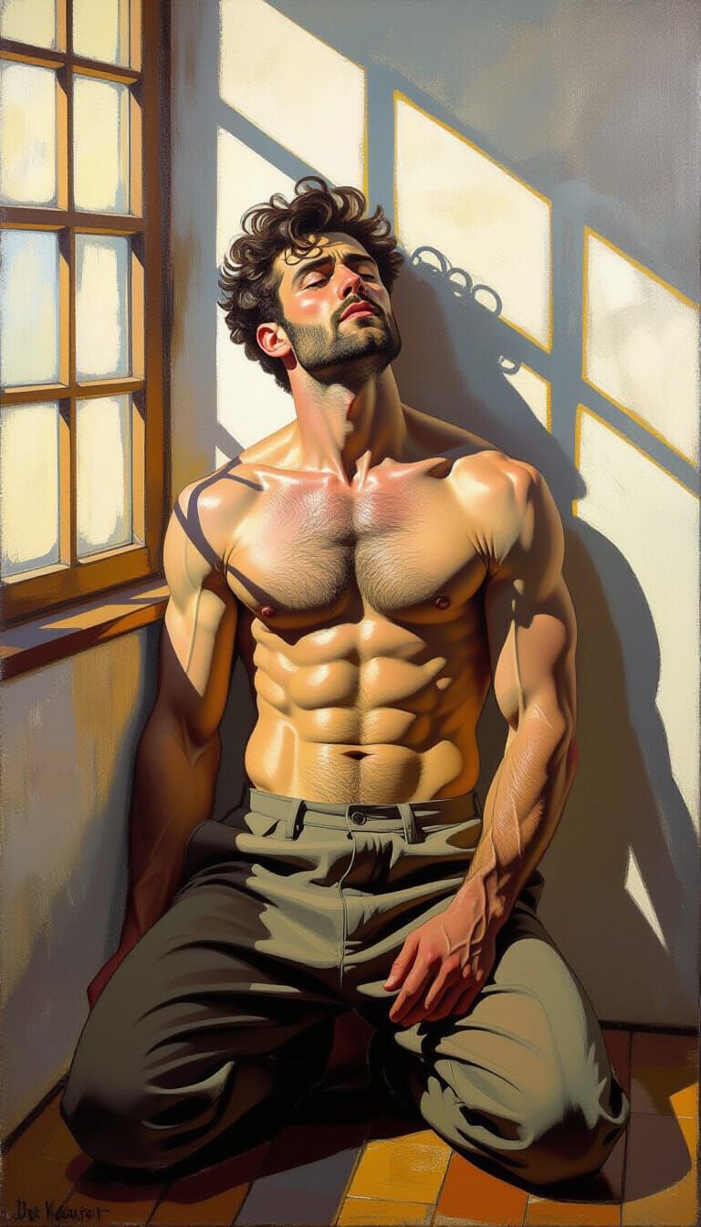Tense Muscular Man in Spiritual Pose with Abstract Lighting