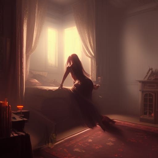 Gorgeous Woman in Bedroom: Dark Fantasy Concept Art