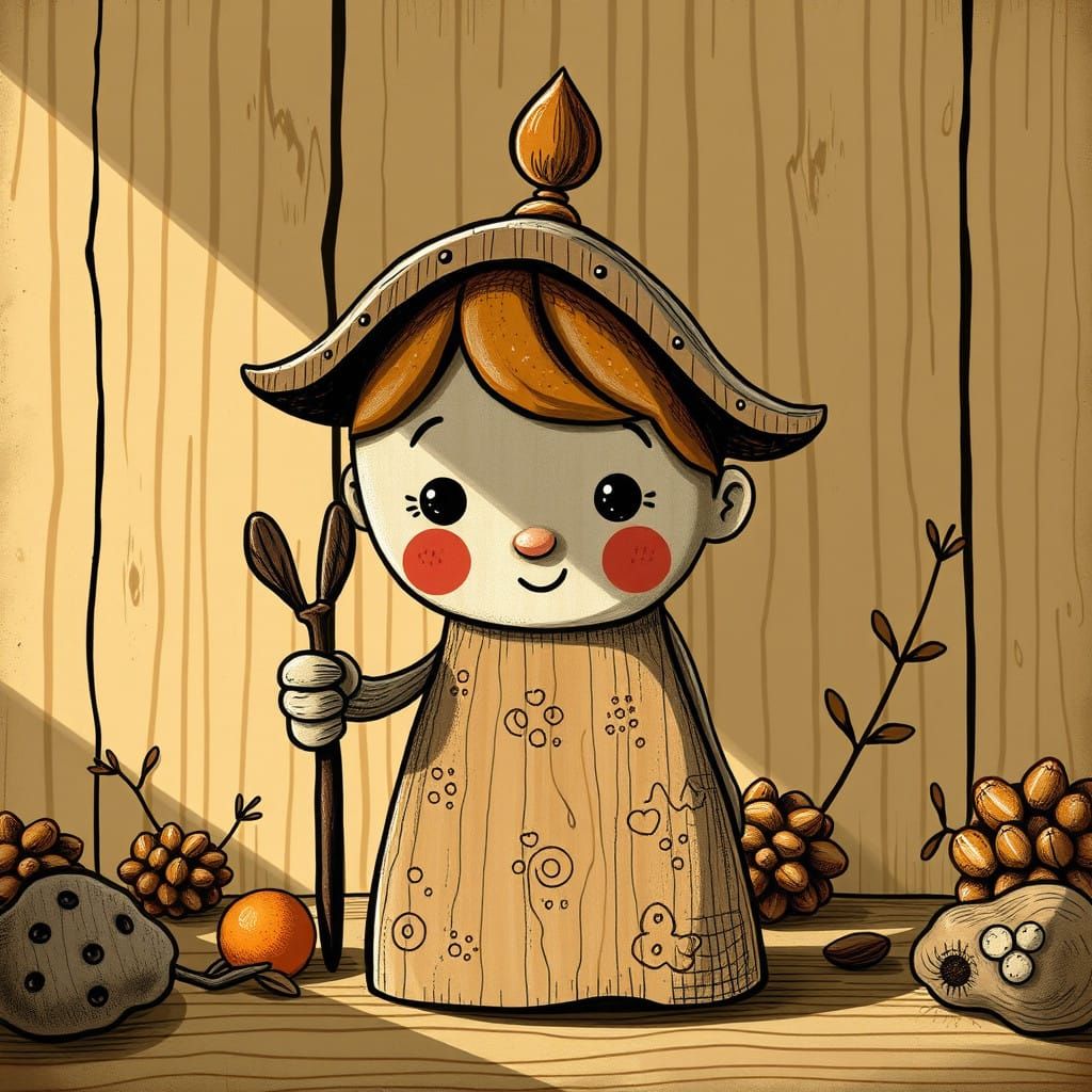 Whimsical Wooden Meeple in Folk Art Style