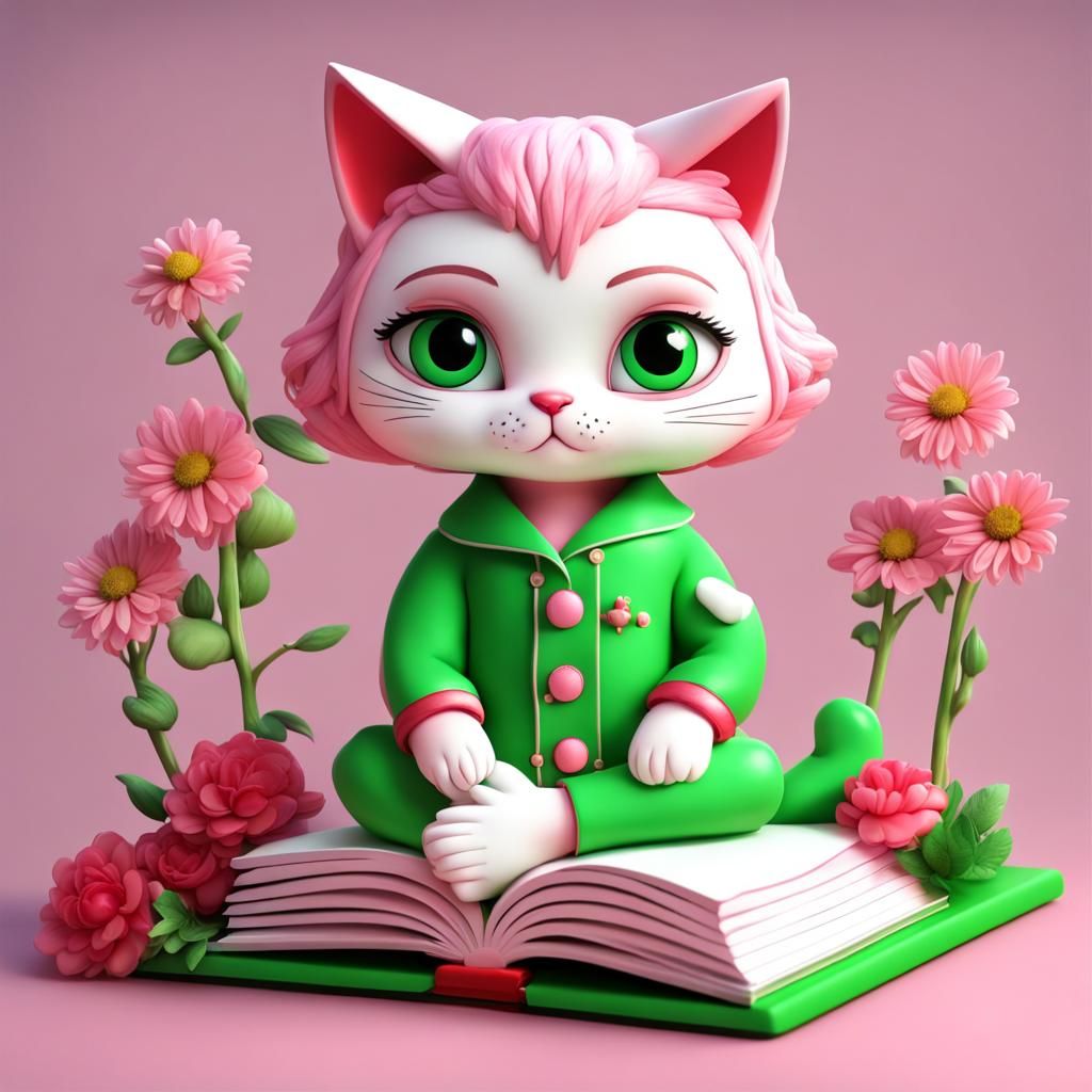 Cute Cartoon Girl Reading with Cat in 3D