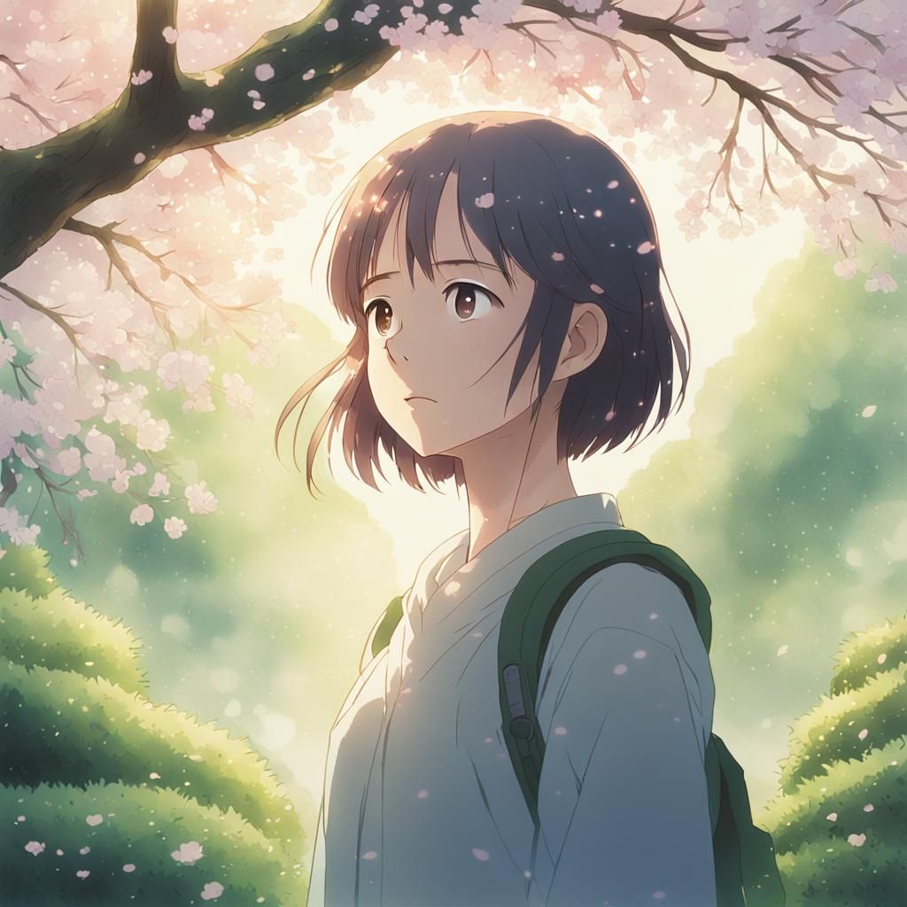 Emotional Anime Girl in Nature with Cherry Blossoms