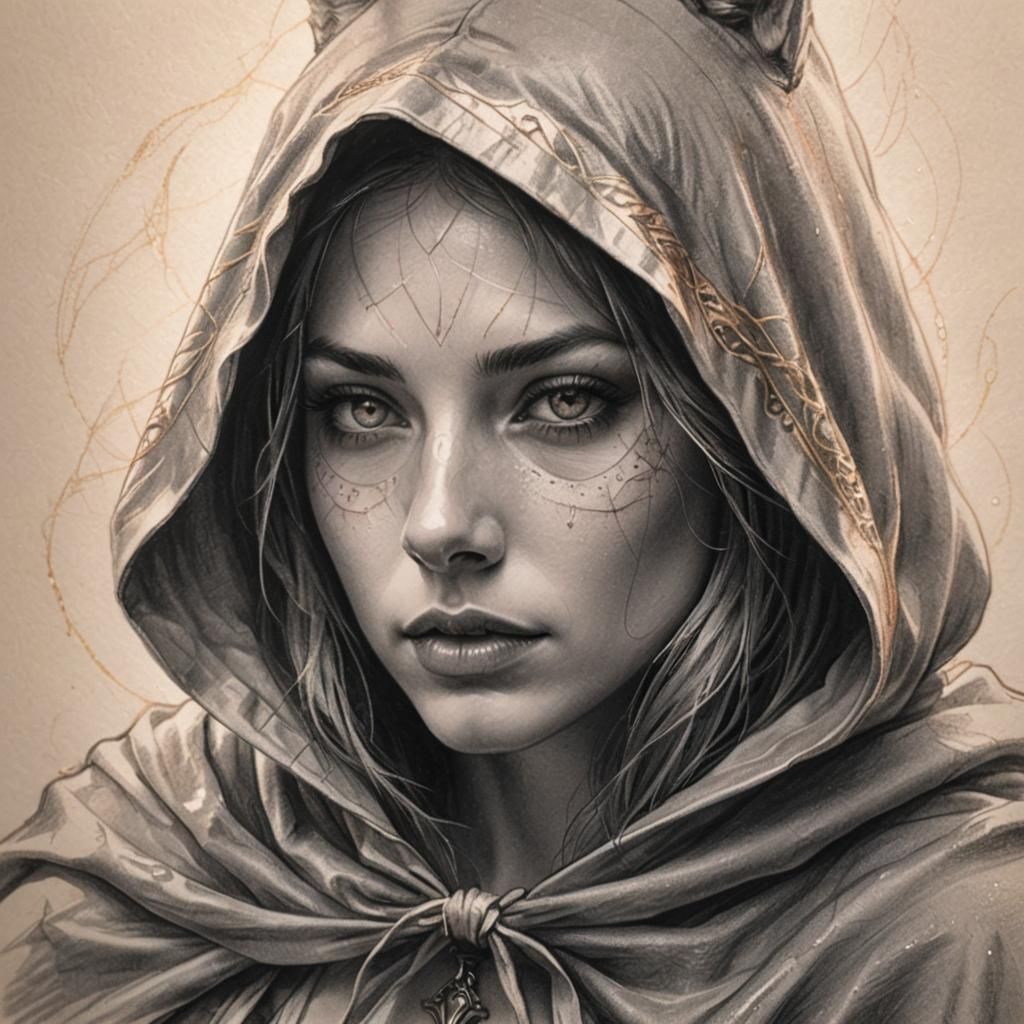 Graphite Sketch: Woman with Wolf in Golden Light