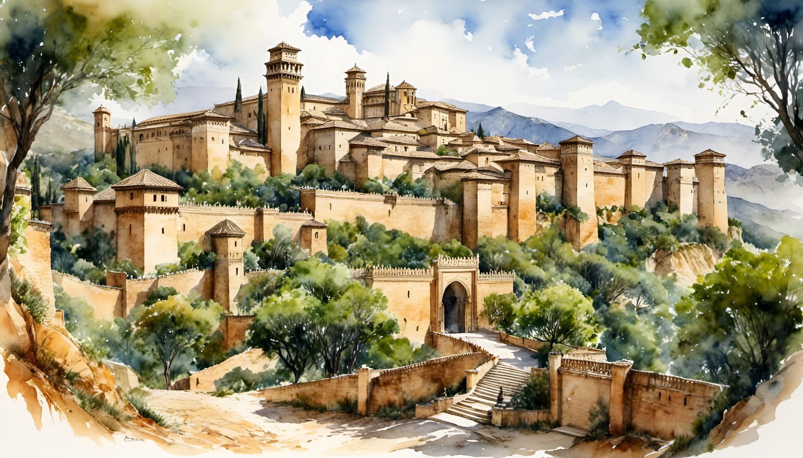 Alhambra Fortress in Watercolor Style