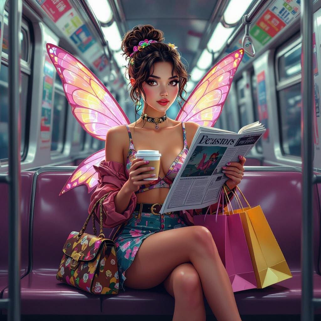 Fairy Reads Newspaper in Subway Car with Coffee