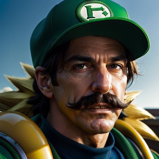 Hyperrealistic Luigi with Super Saiyan Aura