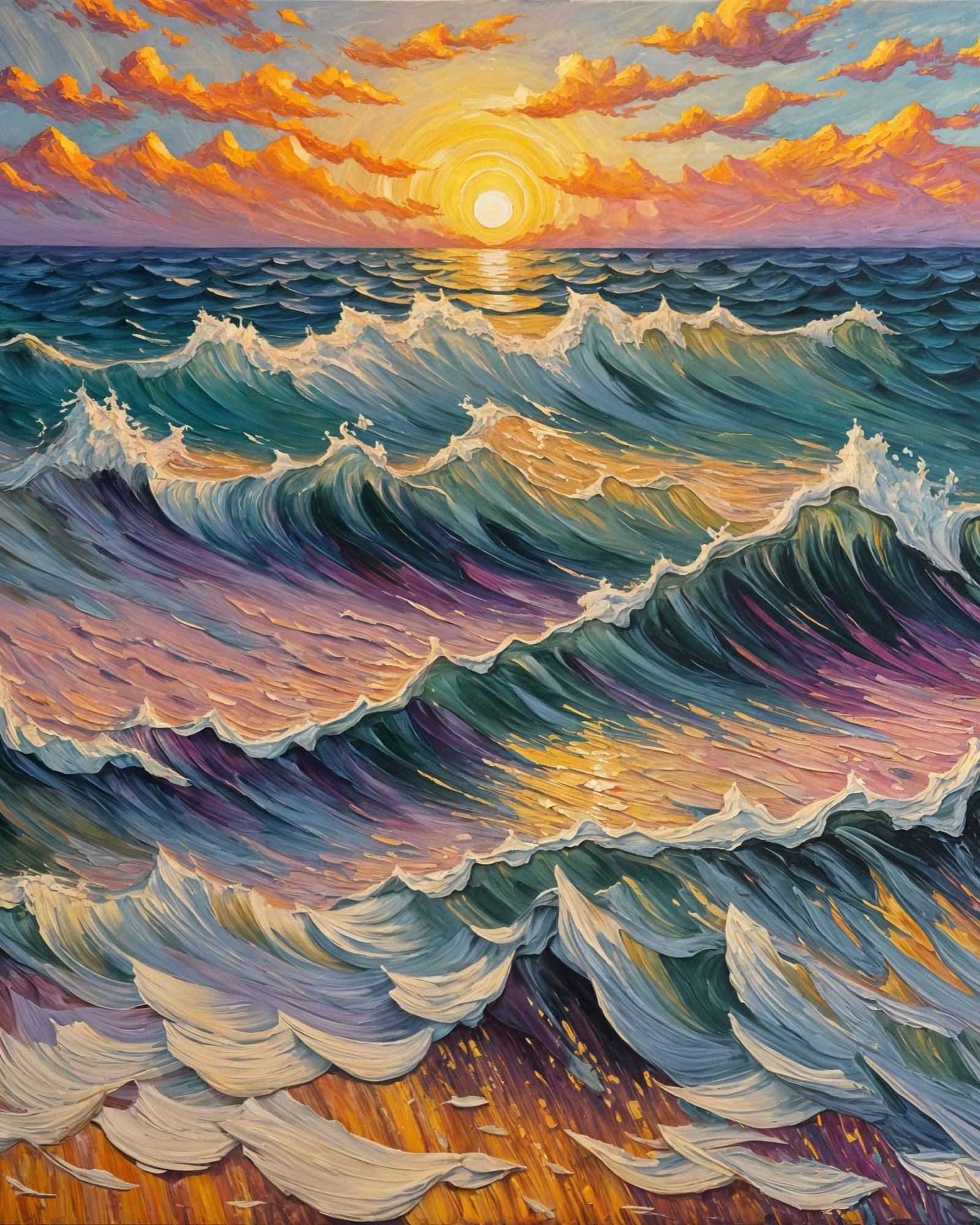 Golden Sunset Sea in Expressionist Style