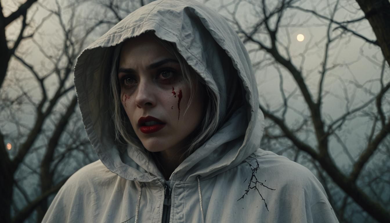 Silver Hooded Woman Under Moonlight: Cinematic Film Still