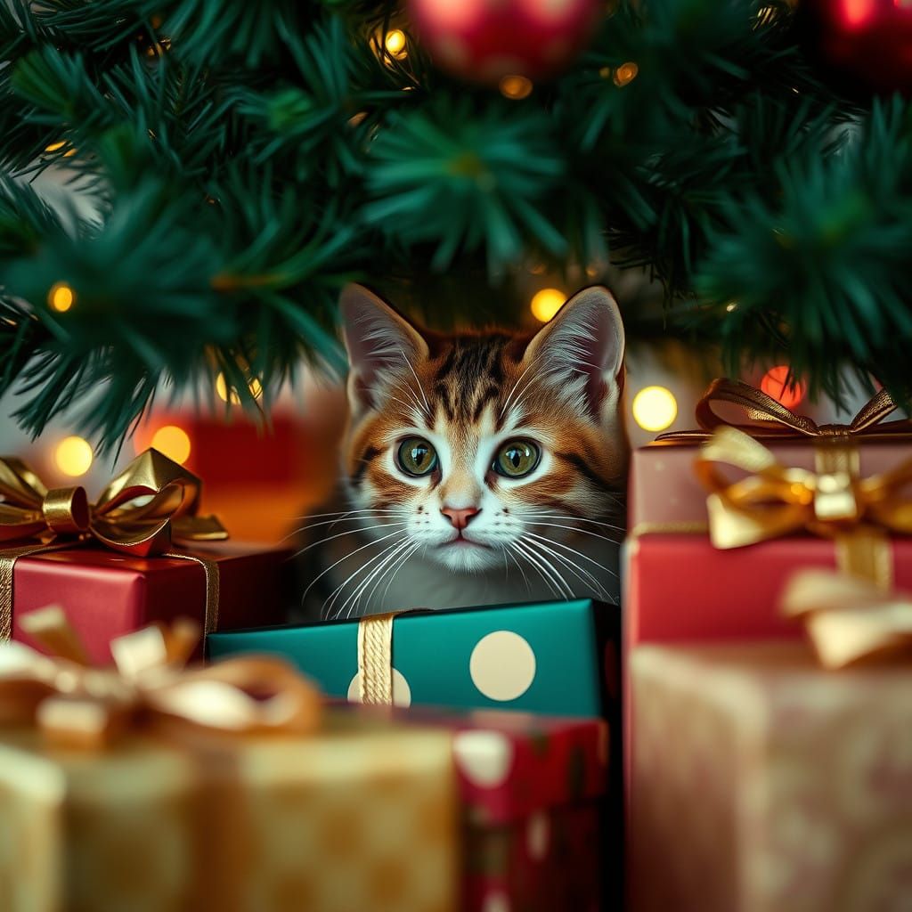 Adorable Cat Hiding Among Christmas Presents in Vibrant Colo...