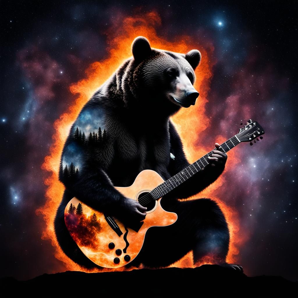 Bear Silhouette Double Exposure Guitar in Space