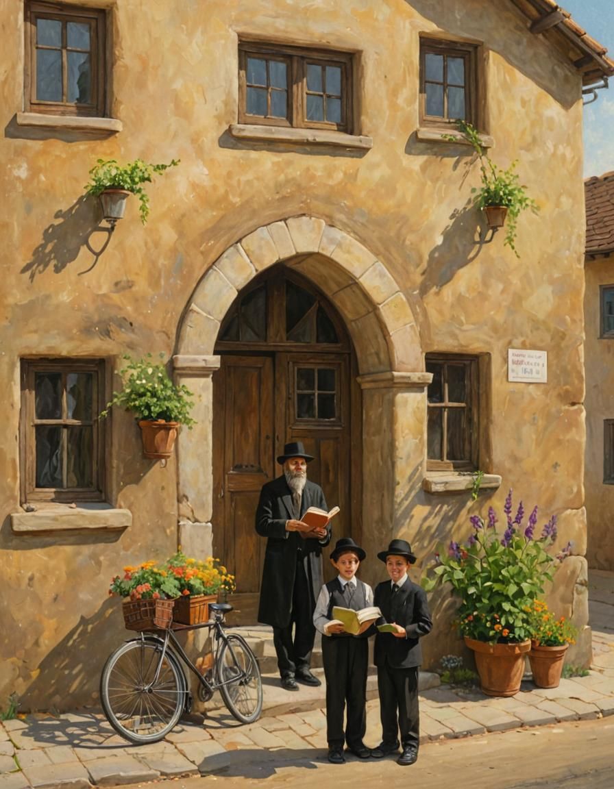 Haredi Family Before Strange House in Oil Painting