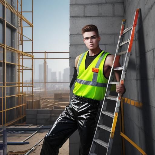 Construction Worker Climbing Ladder in Hyperrealistic Digita...