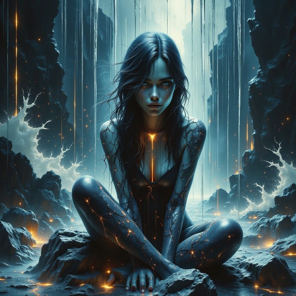 Woman Crying Silver Tears in Chaotic Art Style