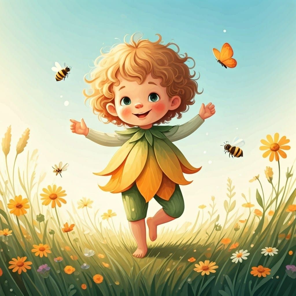 Whimsical Boy in a Vibrant Meadow, Rendered in Soft Pastel W...