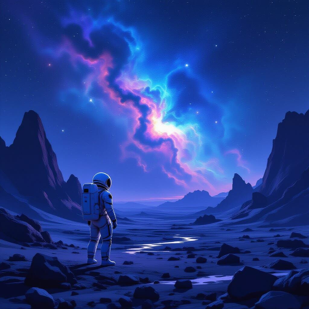 Astronaut Gazes at Bioluminescent Nebula on Alien Planet