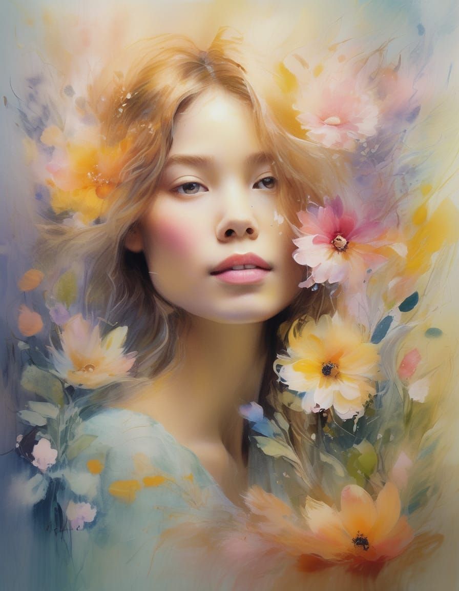 Whimsical Watercolor Portrait of a Woman in a Dreamy Garden