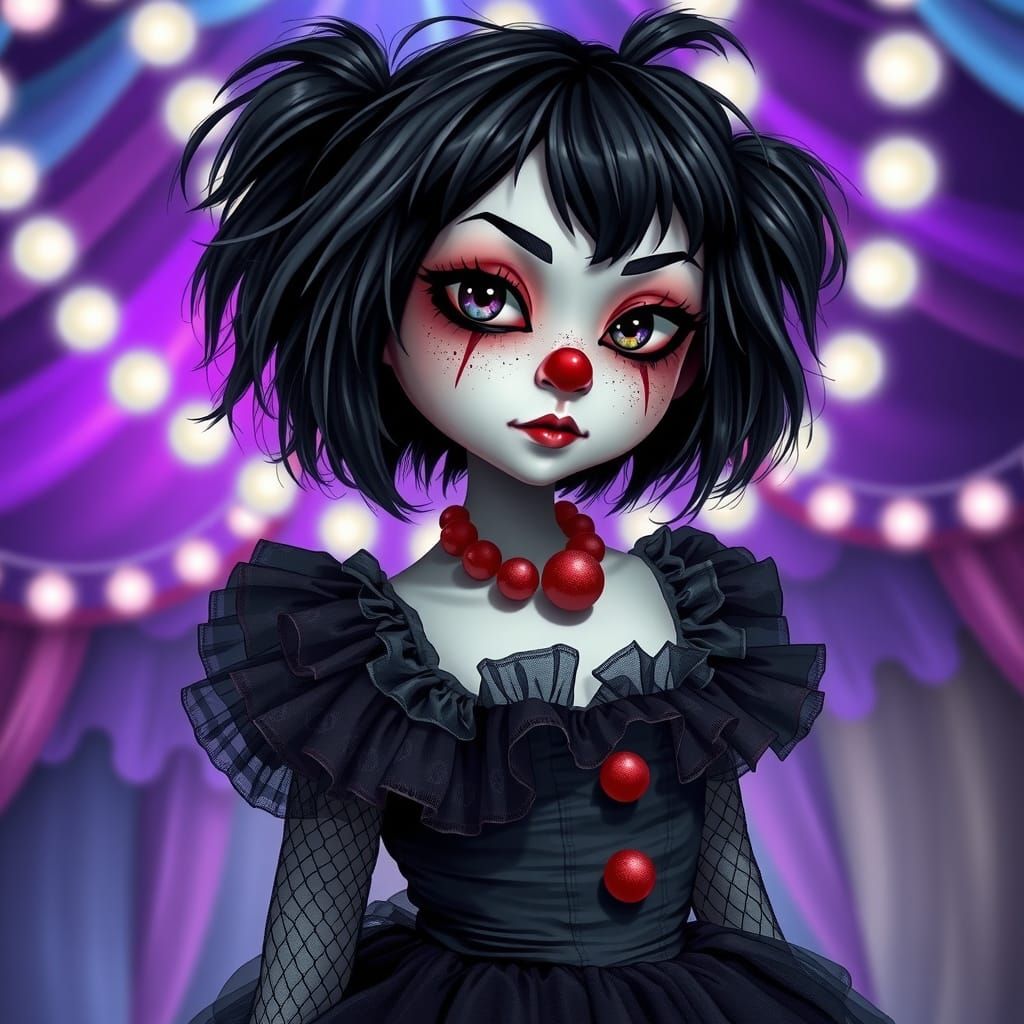 Melancholic Clown Girl in Whimsical Circus Scene