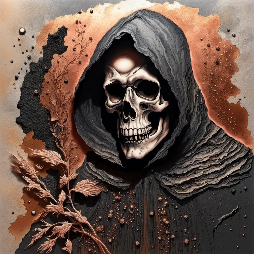 Detailed Mixed Media Drawing of Grim Reaper