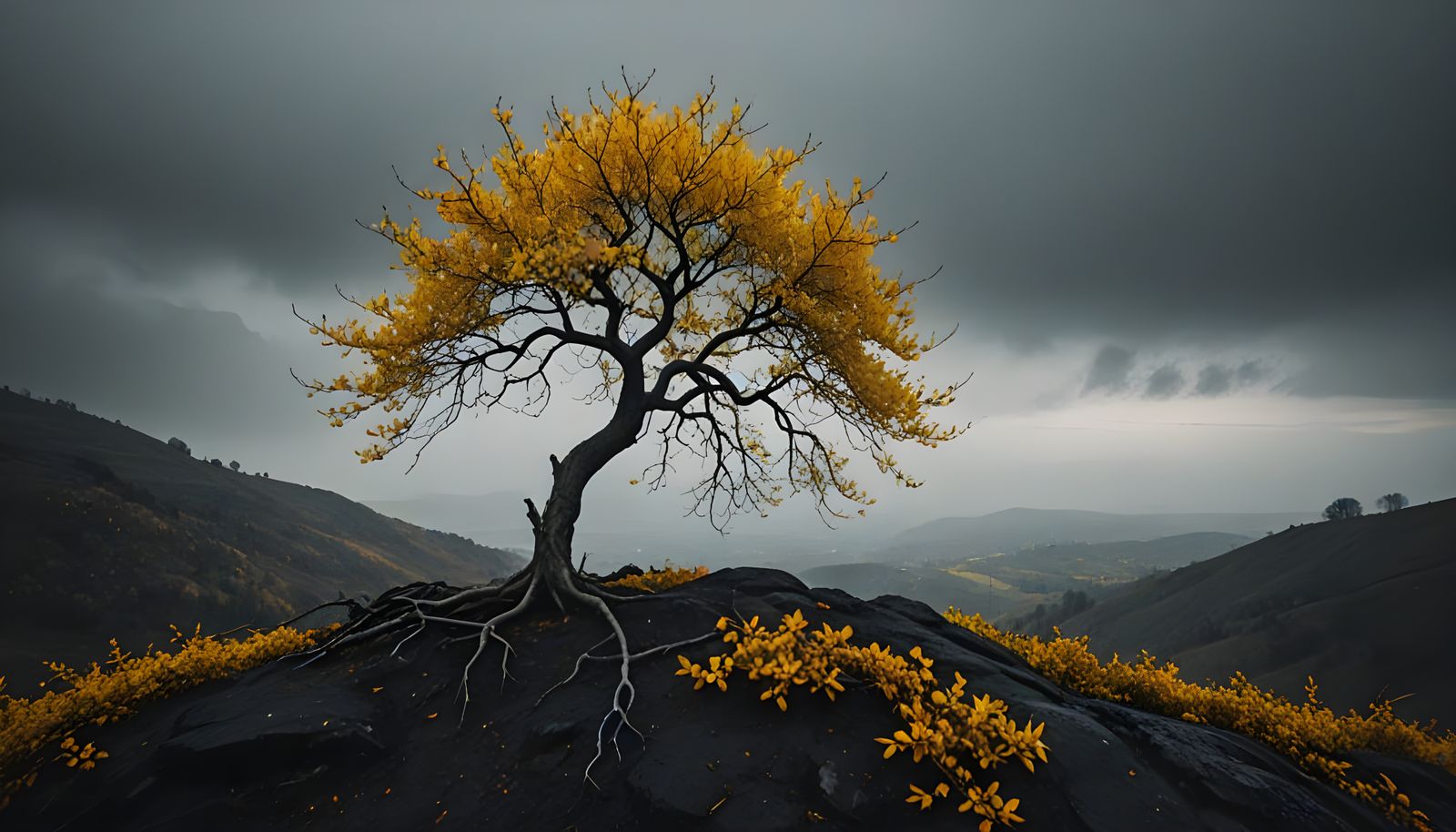 Solitary Yellow Tree Under Pale Sky