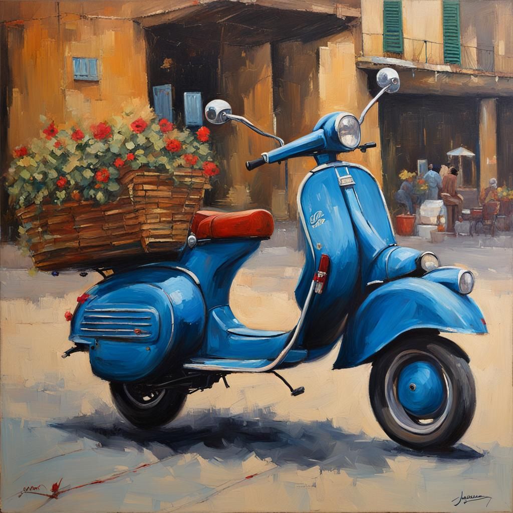 Flying Vespa in Oil Painting Style
