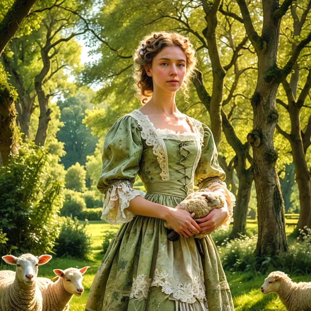 Serene Shepherdess Holds a Sheep in Her Arms