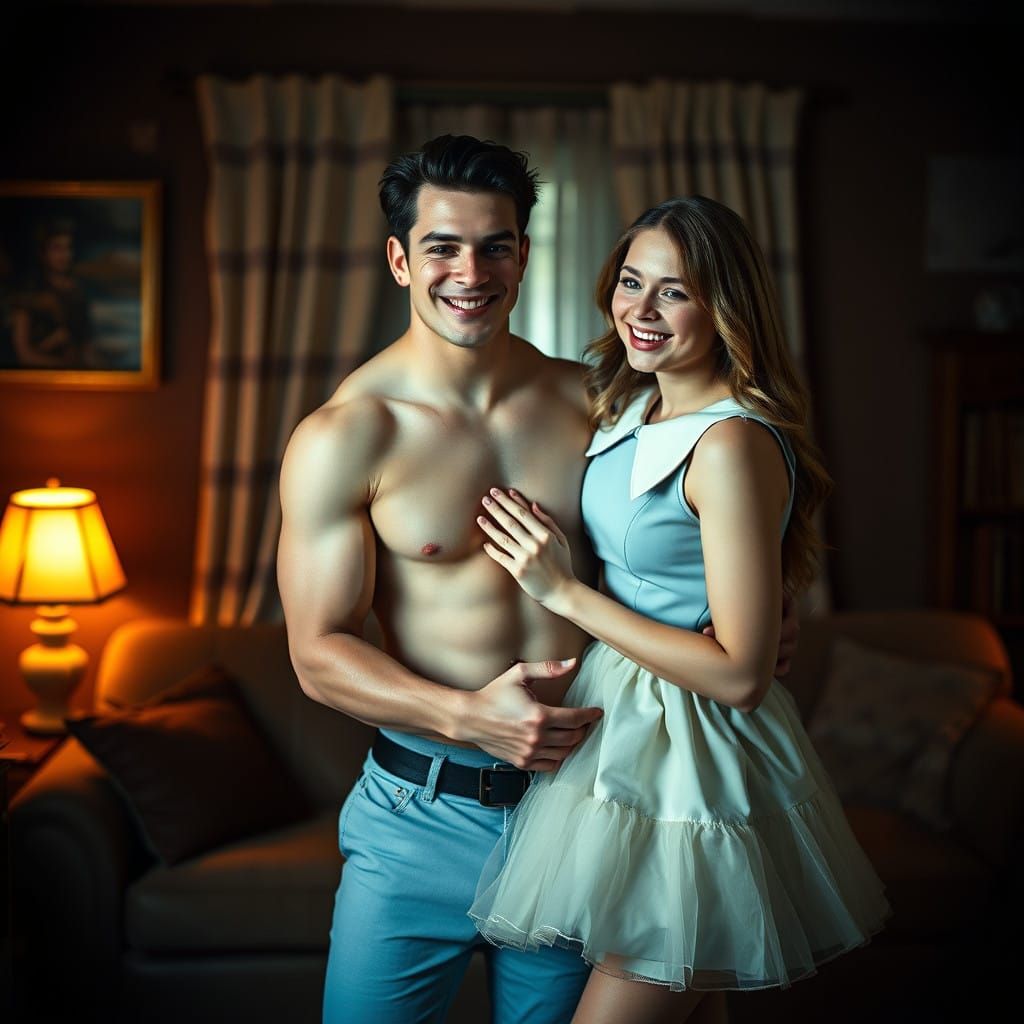 Chiseled Young Man in Cozy Living Room Scene