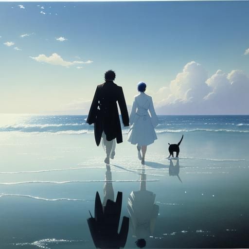 Anime Couple Walking on Beach with Cats
